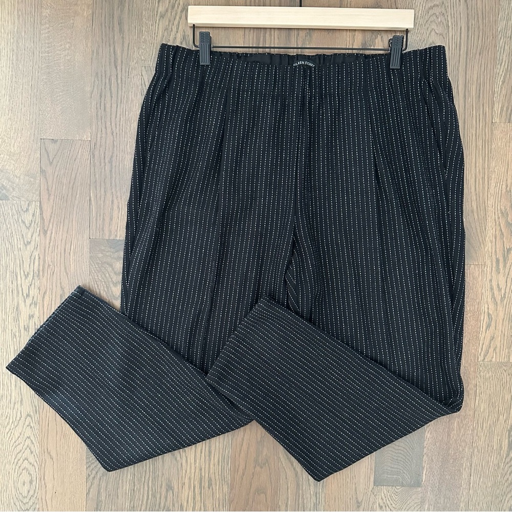 Eileen Fisher Wool Blend High Waist Pinstripe Pants in Black and White Large